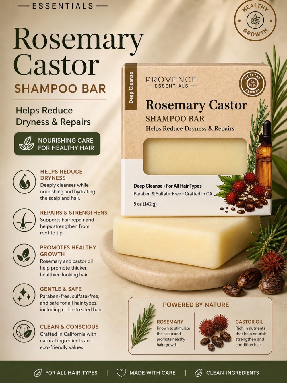 Rosemary Castor Shampoo Bar - Nourishing Cream Bar
